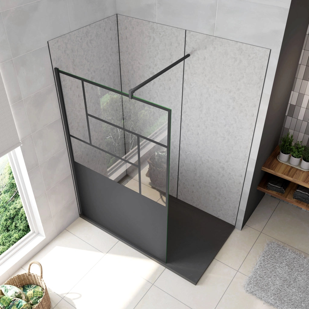 Doccia Walk In Parete Fissa Vetro Temperato 8 mm Anticalcare 100x200cm Semitrasparente Riquadri Nero Serigrafato Barra Stabilizzatrice da 140 cm
