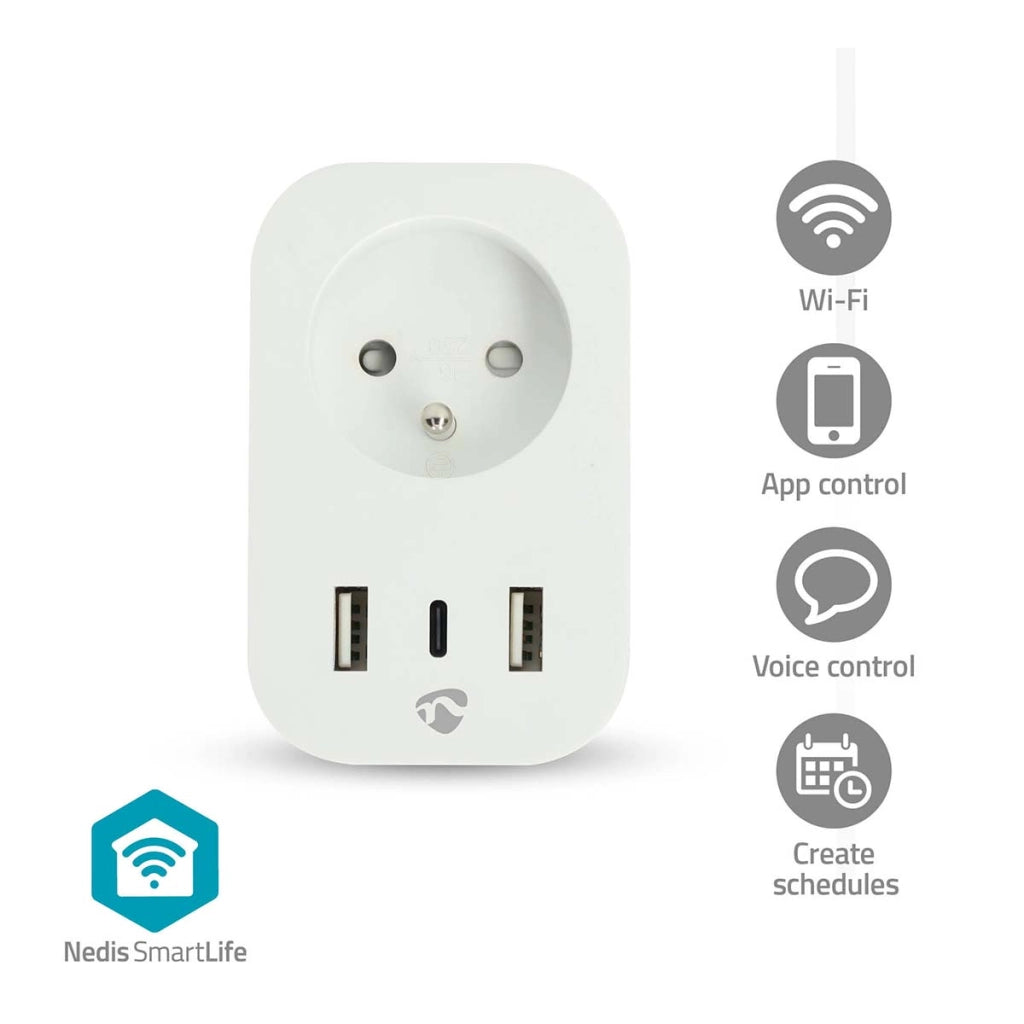 Striscia elettrica connessa Wi-Fi con porte USB-A / USB-C Wattmetro 3680W Tipo E Francia Bianco Nedis