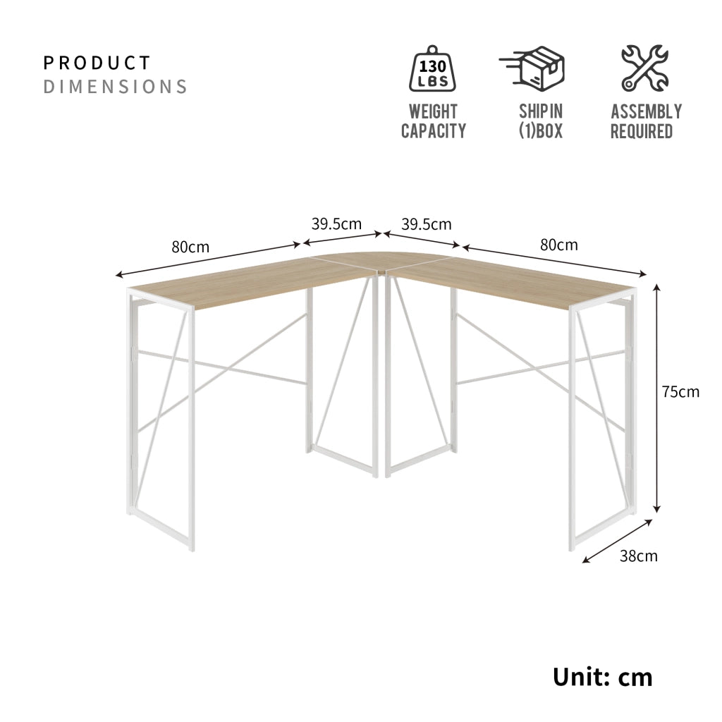 Scrivania angolare in metallo e legno con struttura robusta e piano ampio, per studio e home office, rovere bianco