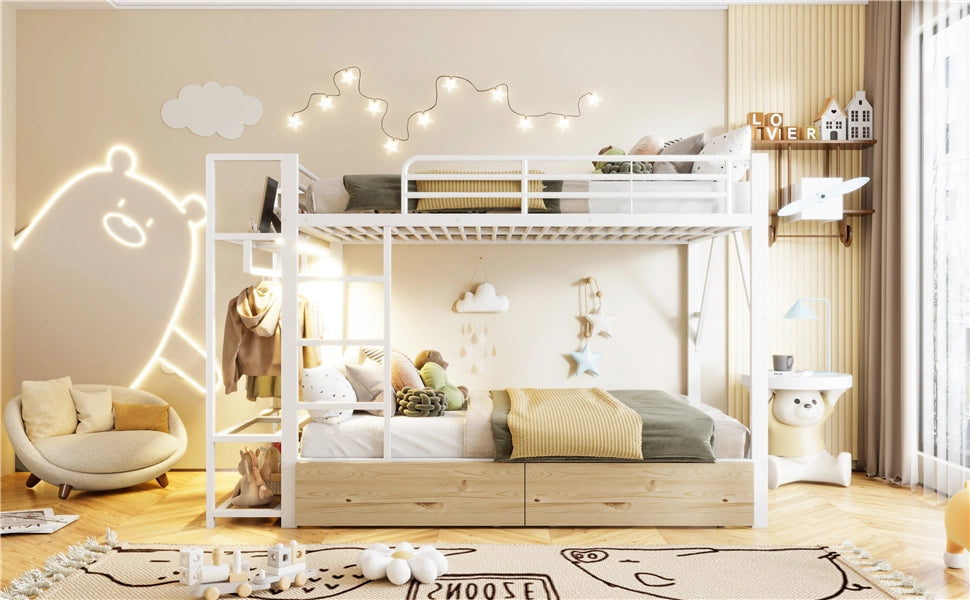 DESMIU Letto a Soppalco 2 Posti con 2 Cassetti, Ripiani e LED Regolabile 140 × 200 cm, Senza Materasso