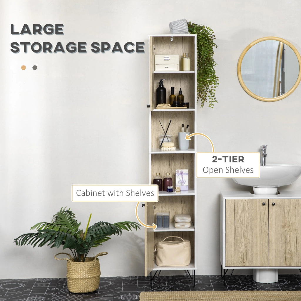 Easycomfort Colonna Bagno con 2 Ripiani Aperti e 2 Armadietti in Truciolato, 31.5x30x169 cm, Bianco e color Legno