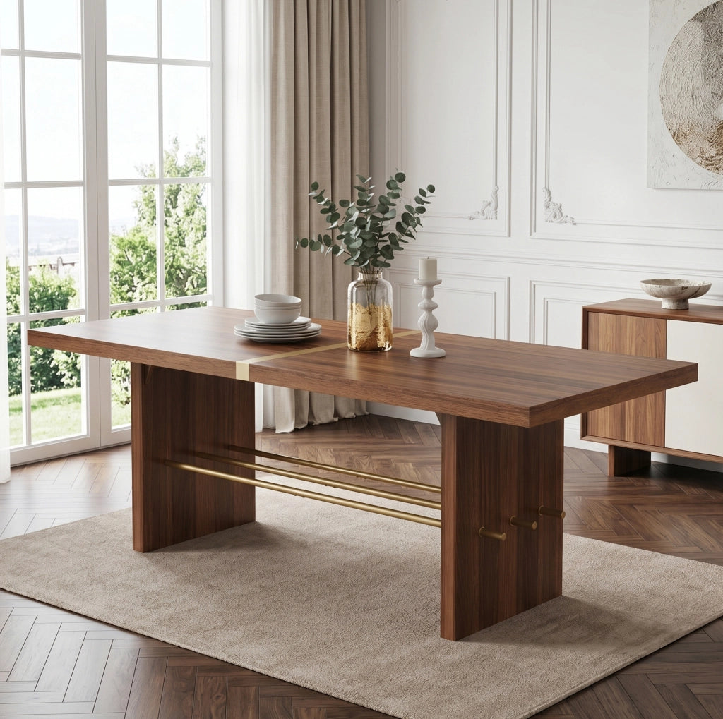 Tavolo da pranzo 180x75x75 cm per 6-8 persone con piano da 4 cm e traversa dorata in MDF noce