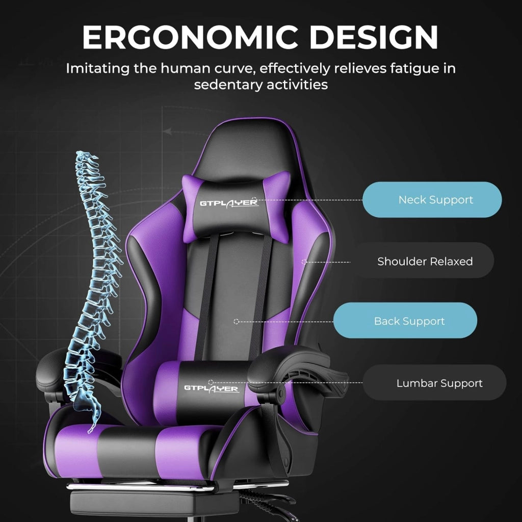 Sedia da Gaming, Ergonomico Sedia da Ufficio, con Massaggiante poggiapiedi e supporto lombare, Schienale Regolabile 90-135°, Portata 150 kg, sedia per computer, Viola