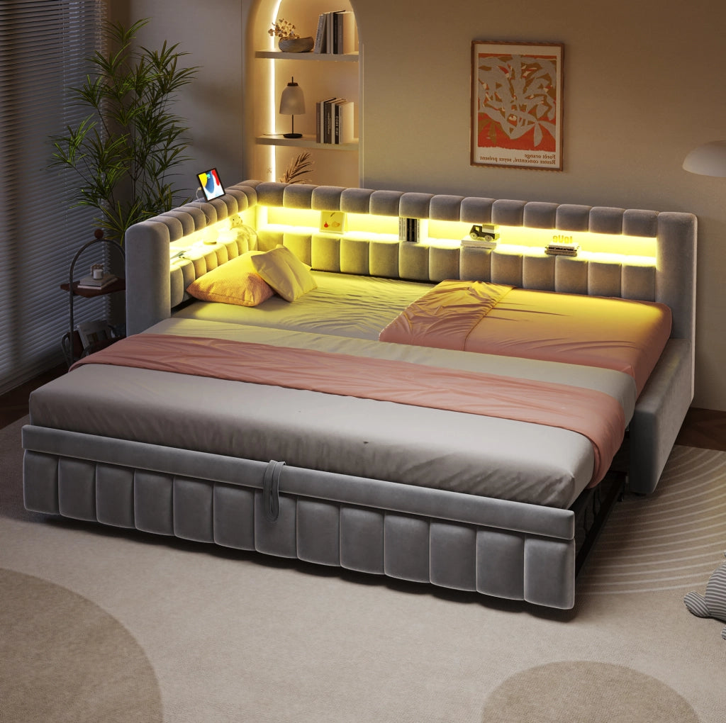 Divano letto estraibile 90x200 cm in velluto grigio chiaro con LED e USB