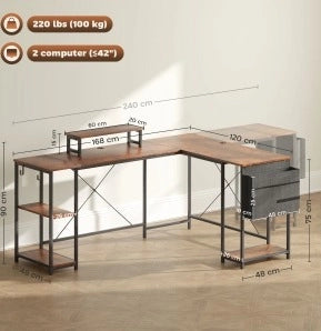 Scrivania angolare 168x120 cm marrone con ripiani e supporto monitor