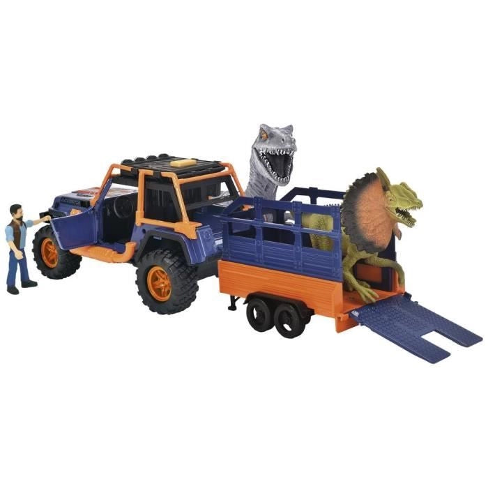 Dickie - Dinosaur Commander - 1 Jeep Wrangler con rimorchio + 1 personaggio articolato + 2 dinosauri