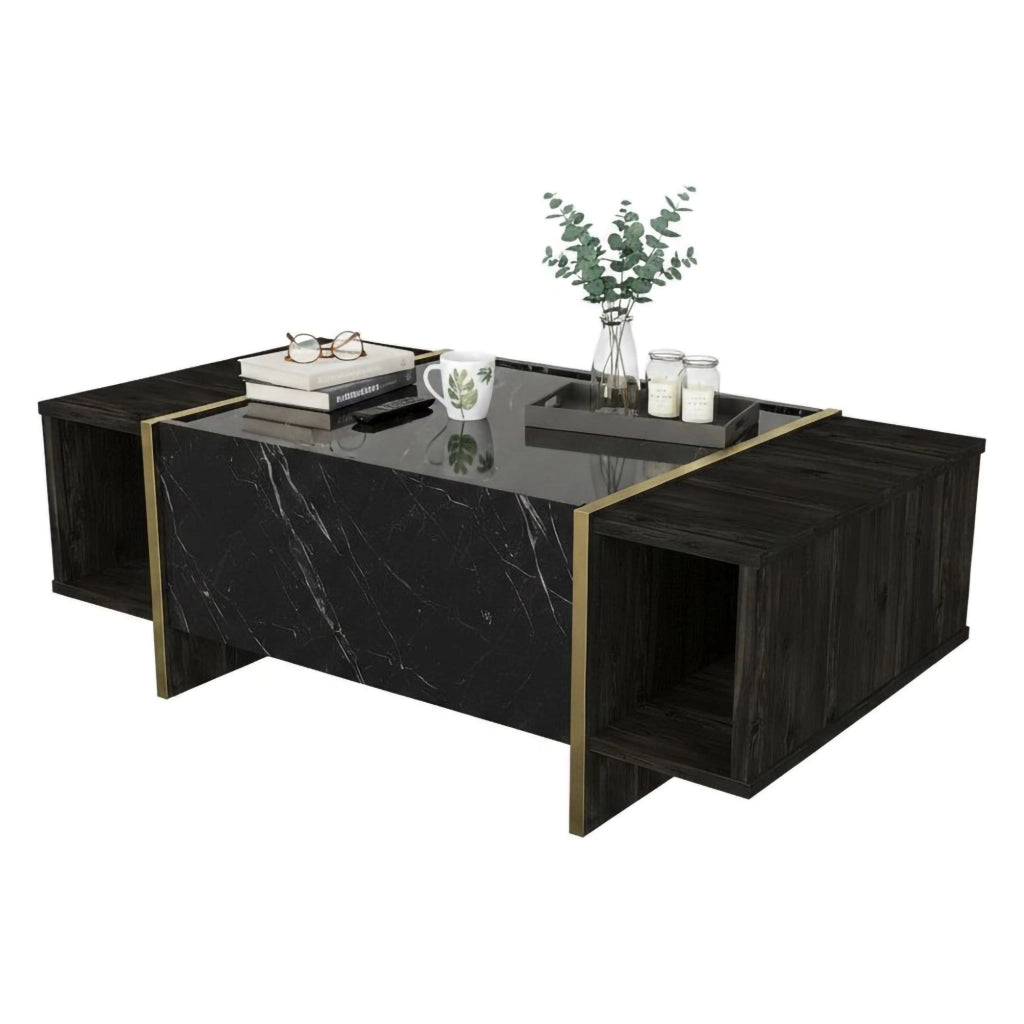 Tavolino da salotto Salvador, Tavolo basso da caffè, Portariviste per divano, Ripiano da soggiorno, 104x60h37 cm, Nero e Oro