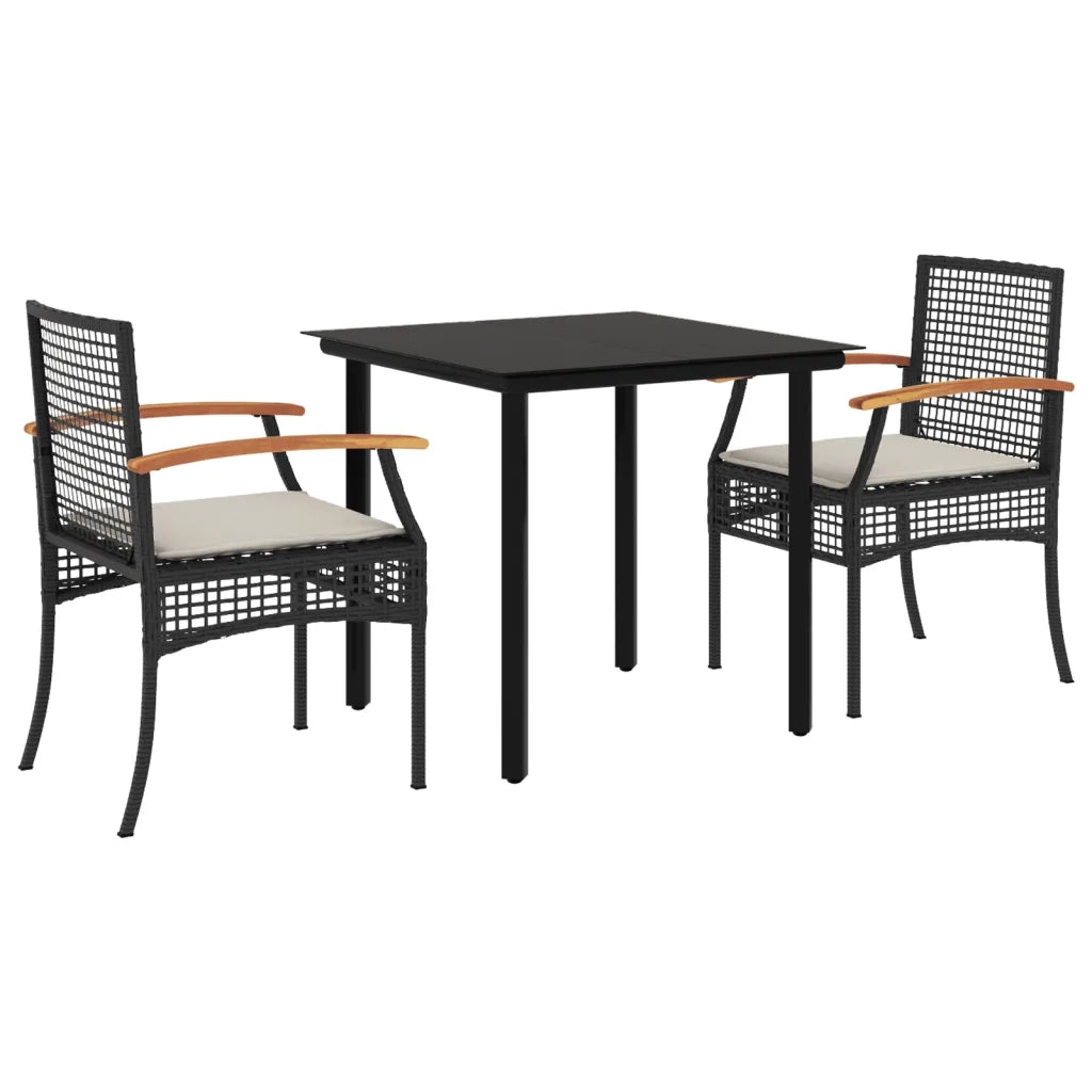 Set da Pranzo da Giardino 3 pz | Set Salotto da Giardino con Cuscini Nero in Polyrattan