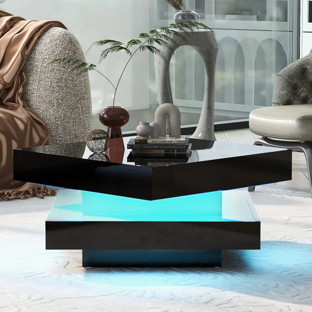 Tavolino da Caff¨¨ Rotondo con Piano Girevole e LED ¨C Xylo ¨C Nero Lucido, 70x70x36 cm