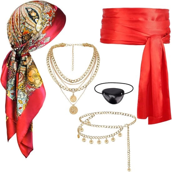 Set di accessori per costume da pirata - Foulard/Serpente - Collana/Cinturone - Occhialino - Stile vintage/Satino - Completo look pirata - Outfit pirata