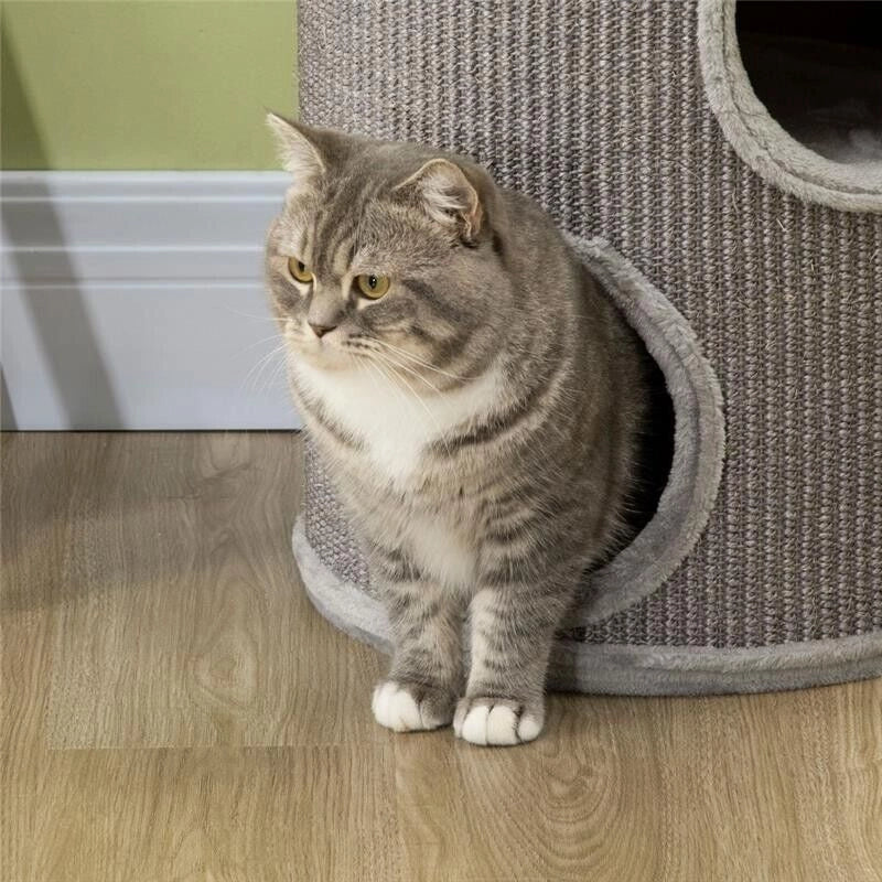 CUCCIA PER GATTI A 3 LIVELLI CON TIRAGRAFFI IN SISAL E PELUCHE, Ø38X70CM, GRIGIO CHIARO