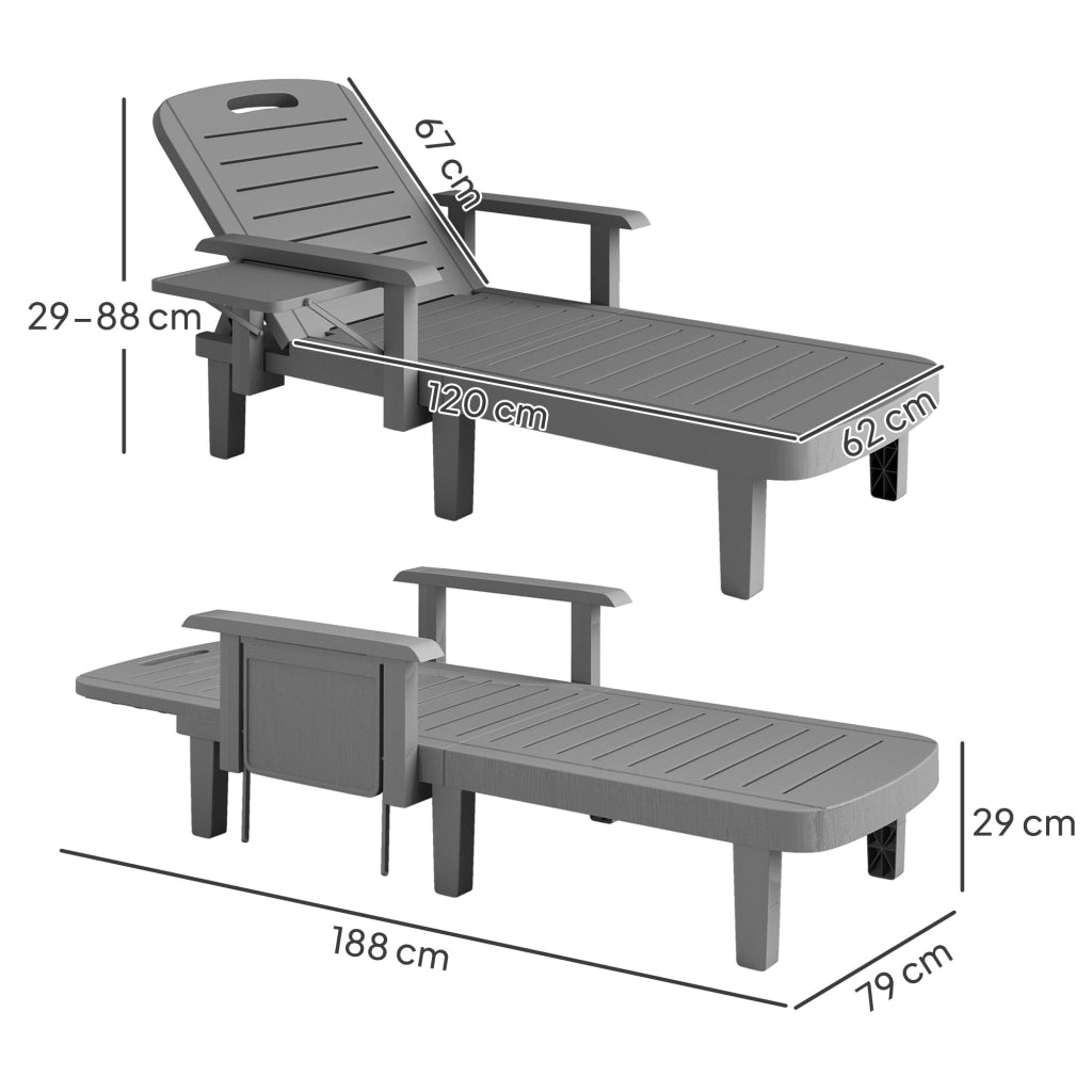 Set 2 Sdraio da Giardino Regolabili 79x158x88 cm con Tavolino e Braccioli in Polipropilene Grigio Scuro