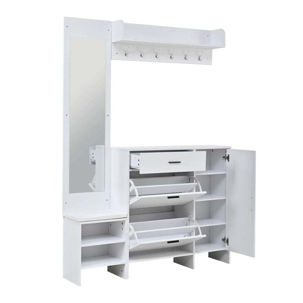 Mobile ingresso con specchio, panca, 6 ganci, 1 cassetto, 2 ante ribaltabili e 4 vani, in MDF bianco, 140 × 30 × 200 cm