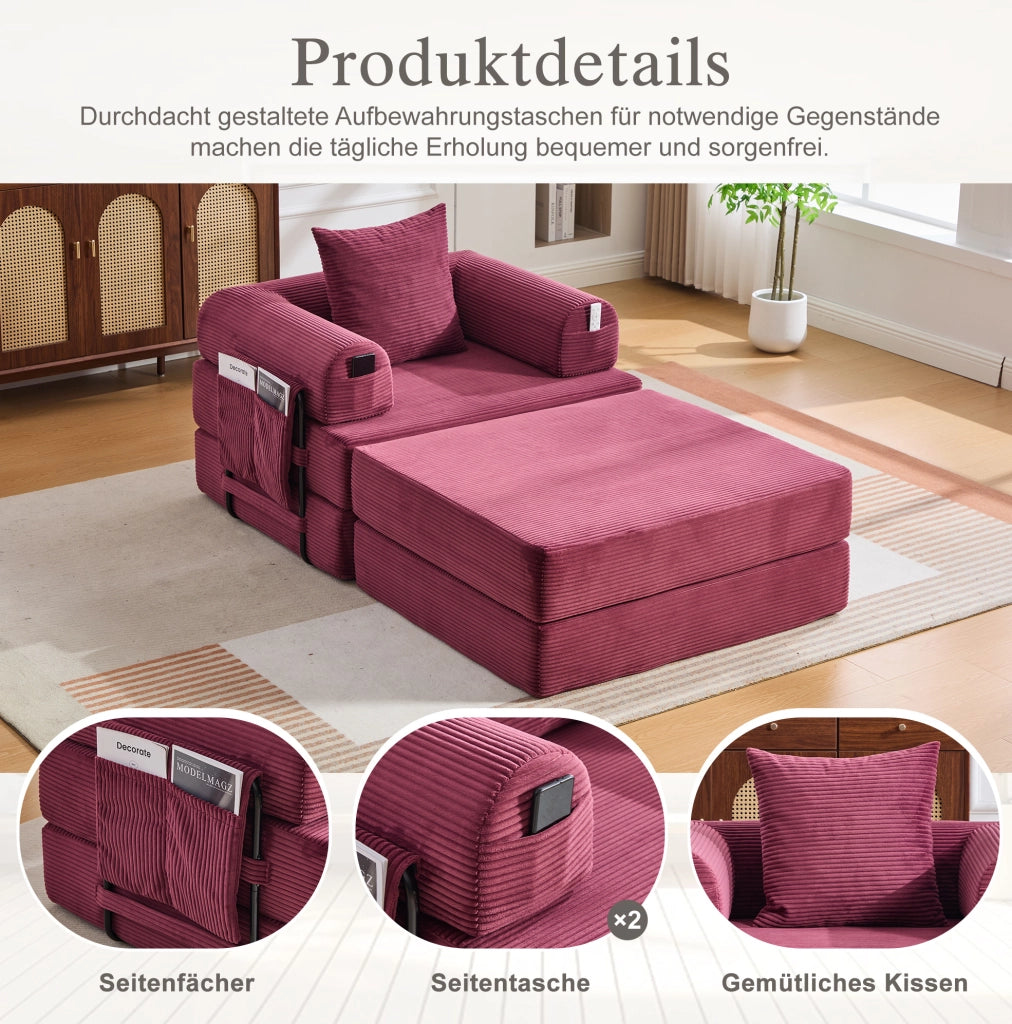 Divano modulare in velluto a coste bordeaux 112x190x67 cm con pouf; cuscino e tasca laterale