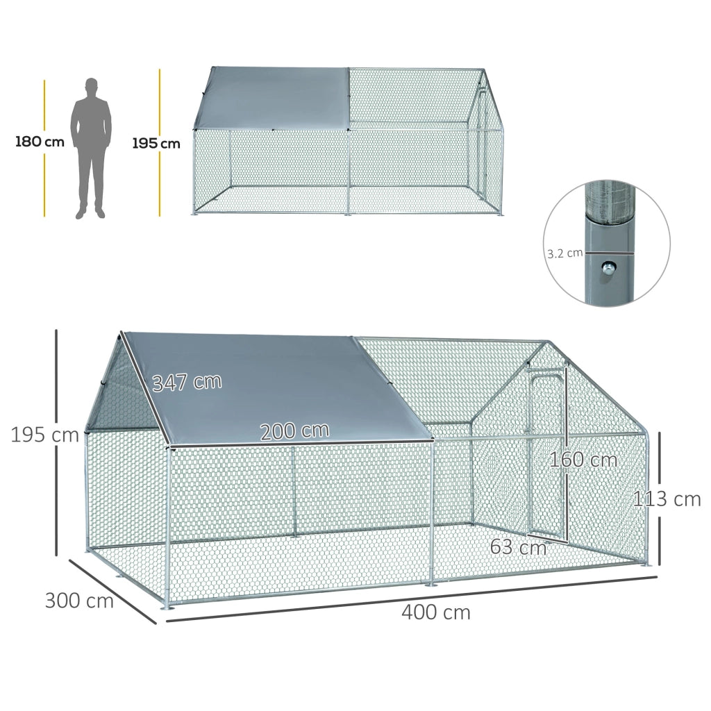 Easycomfort Pollaio per Galline da Esterno in Metallo con Copertura in Tessuto Oxford, 300x400x195 cm, Argento