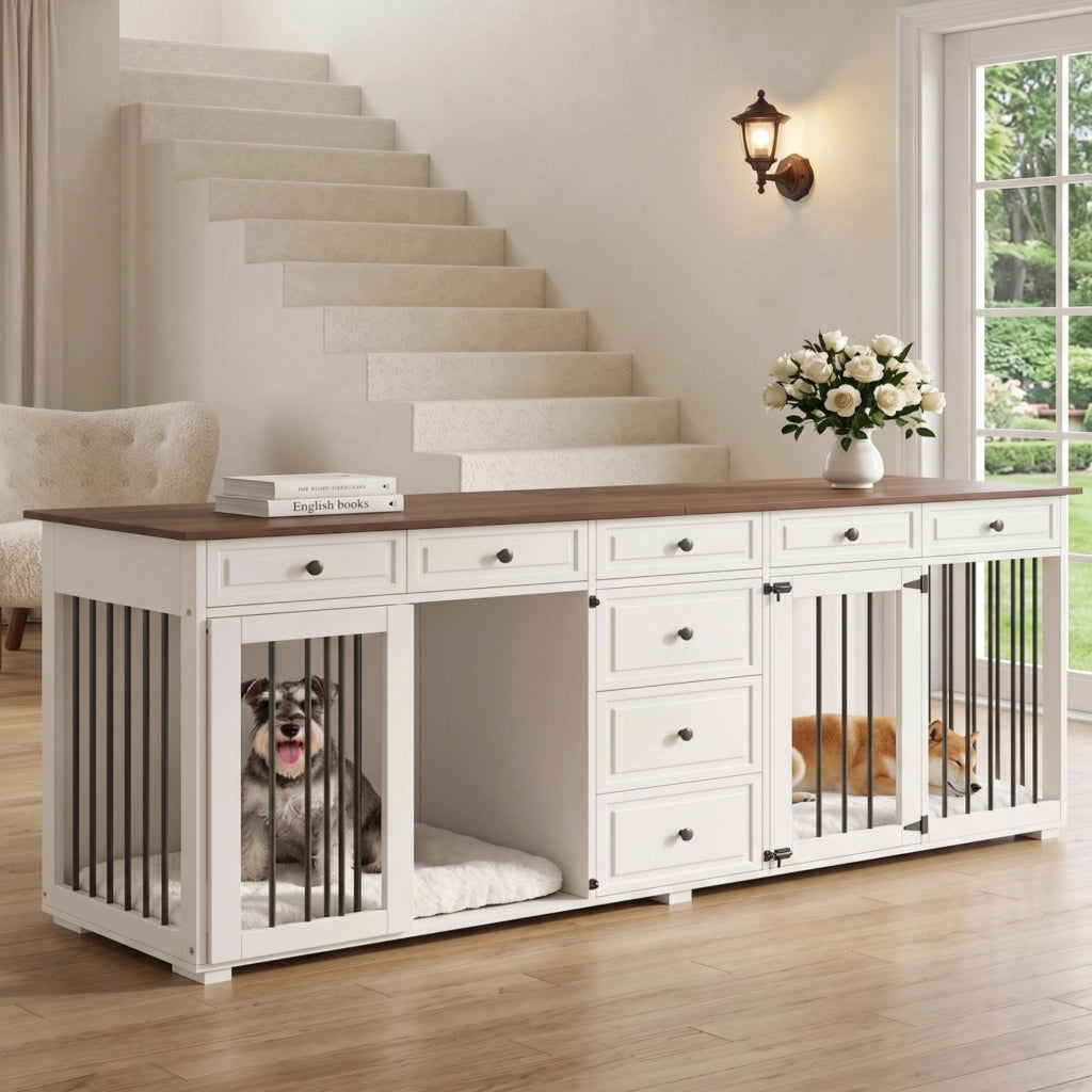 Mobile-gabbia per cani ULEVR 200x60x85 cm con 2 vani separati, 8 cassetti e chiusure di sicurezza, bianco e noce