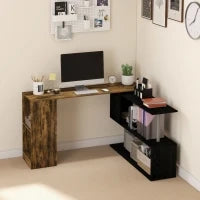 Scrivania Angolare Salvaspazio con Ripiano a S, in Legno, 140x120x78 cm, color Marrone e Nero