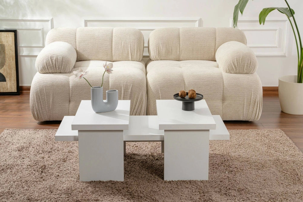 Tavolino da salotto Amarantha, Tavolo basso da caffè, Portariviste per divano, Ripiano da soggiorno, 110x45 h42 cm, Bianco