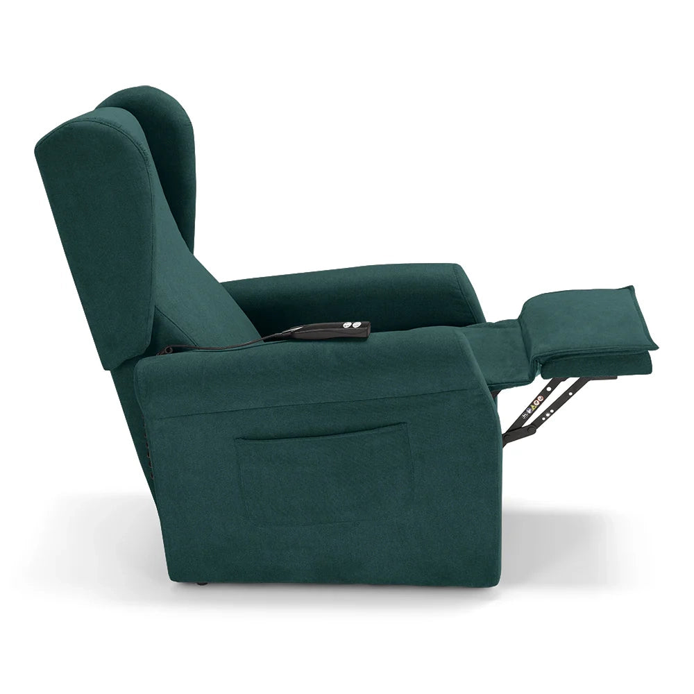 Poltrona relax elettrica PISA MADE IN ITALY per anziani e disabili, 2 motori, 4 ruote, Kit Batteria, reclinazione e alzapersona, Tessuto Antimacchia, colore Petrolio