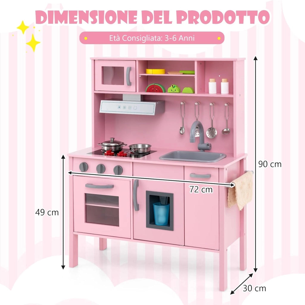 Cucina Giocattolo per Bambini in Legno, Cucina per Bambini con Microonde, Cappa Aspirante, Forno, Macchina del Ghiaccio, Lavello e Rubinetto, Manopole con Suoni, per 3-6 Anni (Rosa)