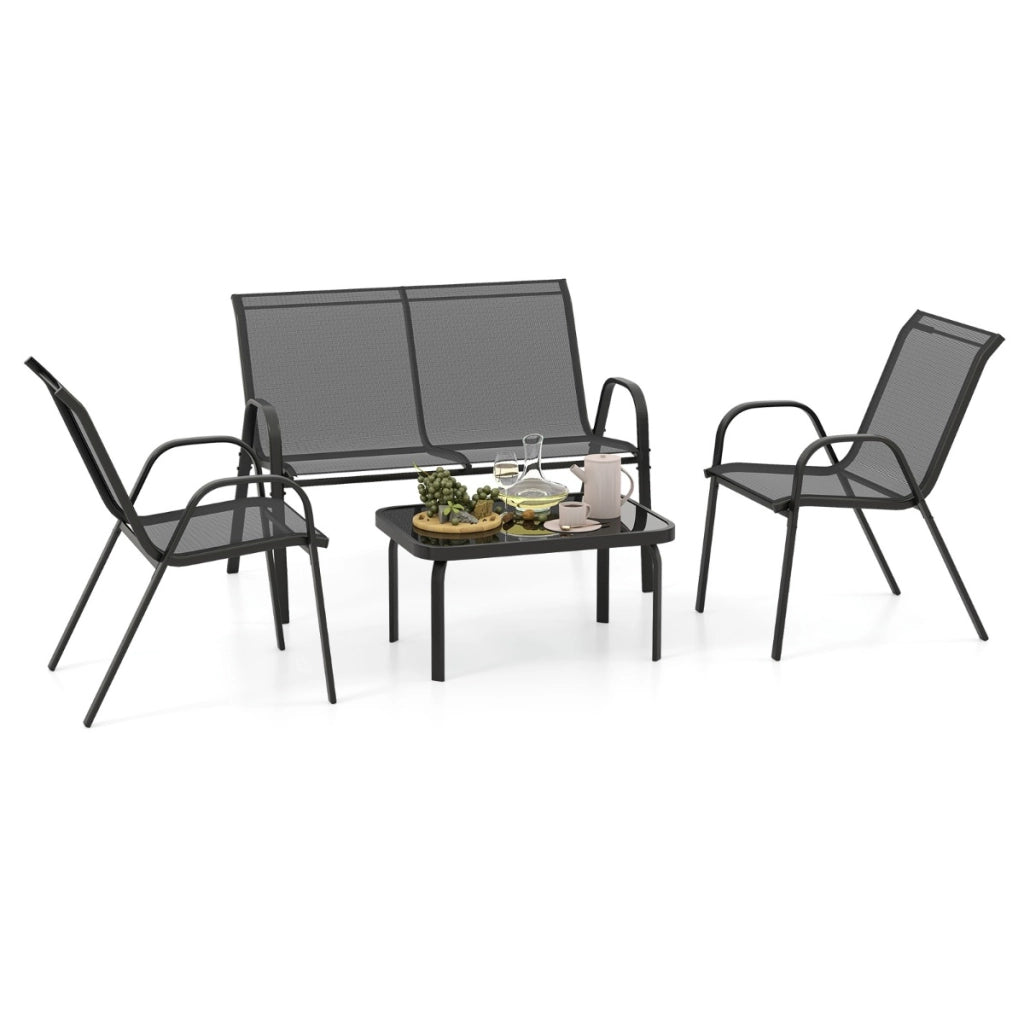 Set da 4 pezzi di mobili per esterni con tavolino in vetro temperato, Set da conversazione all'aperto Grigio-Set mobili da esterno
