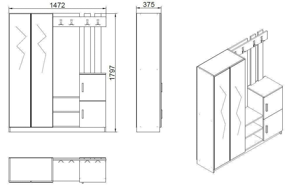 Hene, Mobile da Ingresso Specchio Incluso, 147x38x180h cm Bianco