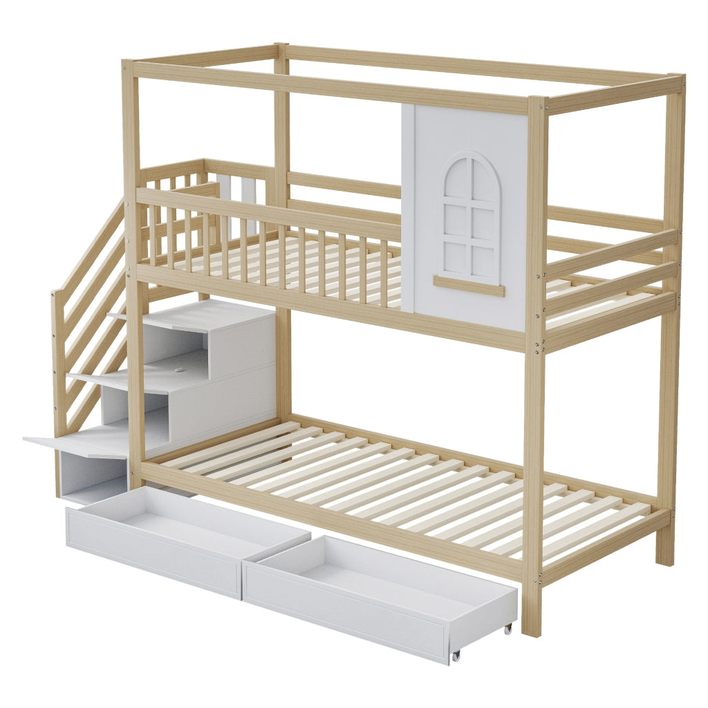 OKWISH Letto a Castello 90×200 cm, Letto 2 Posti con Scala con Cassetti, 2 Cassetti e Ganci, senza Materasso, Legno Naturale