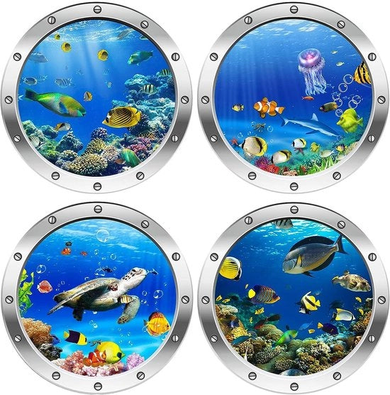 Decorazione 3D di un'ecosistema marino - Set di 4 adesivi per parete per camera da bambini e bagno - Materiale PVC - Dimensioni 30 x 30 cm