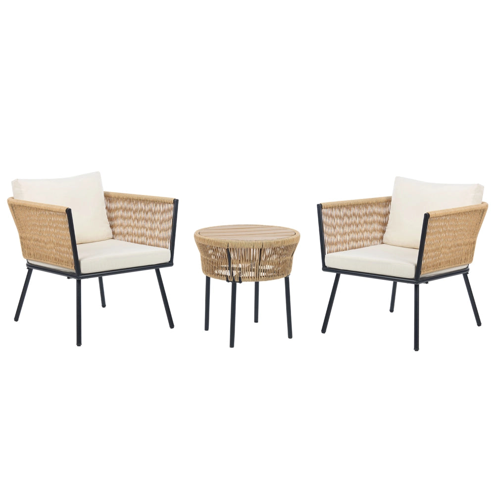 Set Bistro Naturale Off-White PE Rattan Cuscini staccabili Tavolino da Caffè Giardino Esterno