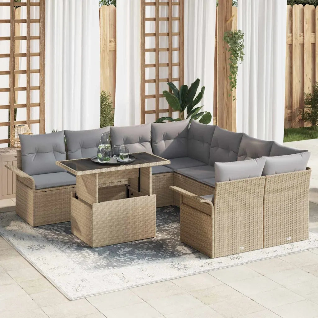 Set Divano da Giardino con cuscino 9 pcs Beige Poly Rattan