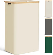 Wascausa 85L con coperchio Smaltissimo contenitore per lavanderia con sacchetto per lavare Grande cassetta per separare i panni in plastica Opaca cassetta per lavanderia in legno di bambù Contenitori per lavanderia alti, beige