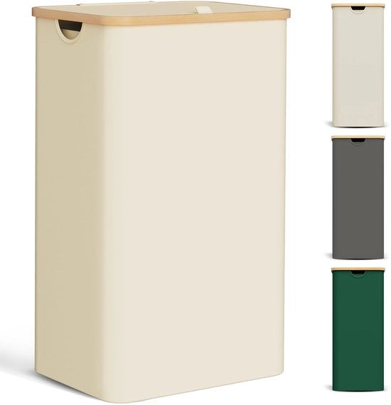Wascausa 85L con coperchio Smaltissimo contenitore per lavanderia con sacchetto per lavare Grande cassetta per separare i panni in plastica Opaca cassetta per lavanderia in legno di bambù Contenitori per lavanderia alti, beige