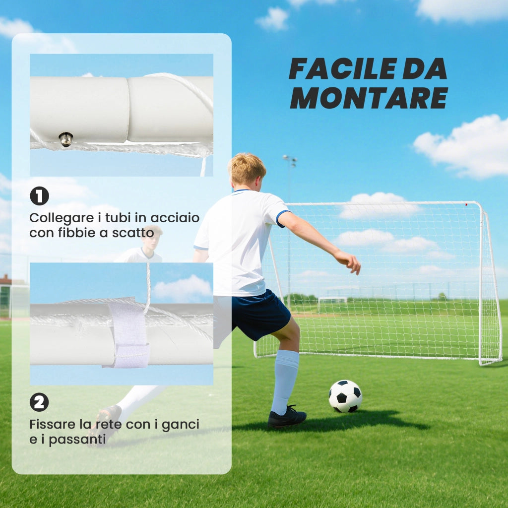 Porta da Calcio per Giardino 301x120x200 cm con 6 Picchetti a U in PE e Metallo Epossidico Bianco