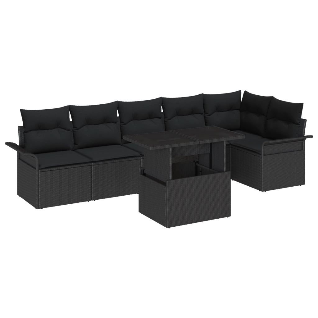 Set di Divani da Giardino da 7 Pezzi con Cuscini Neri in Polyrattan