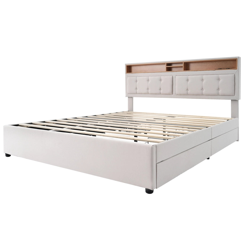 Letto matrimoniale imbottito 140x200 cm in lino con testiera regolabile; 4 cassetti; prese USB e Type C; beige chiaro