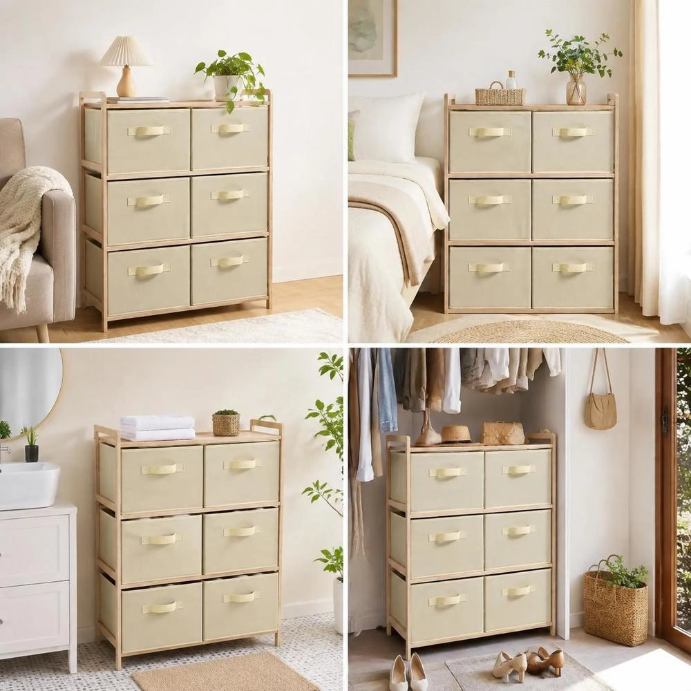 Wicker Chest Of Drawers With 6 Fabric Baskets, Cedar Wood, Beige