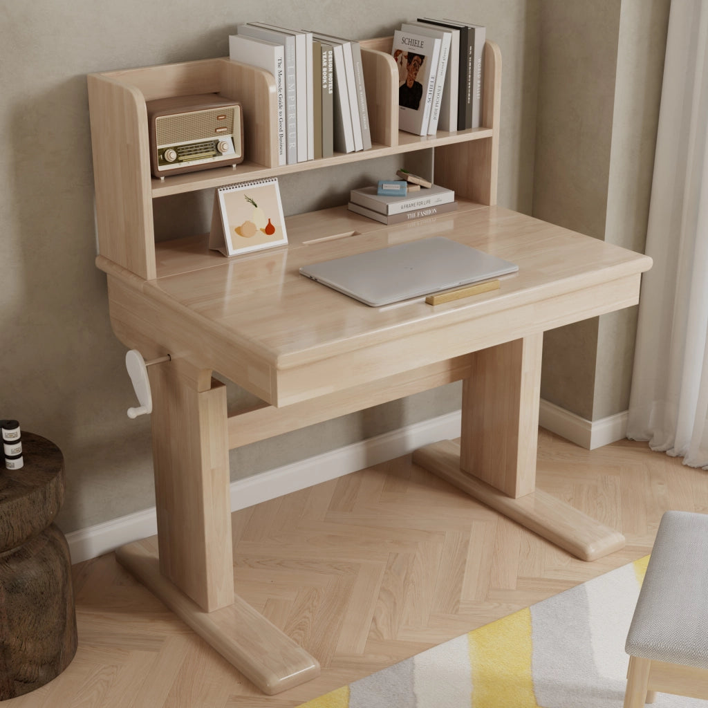 Scrivania per bambini con altezza regolabile e piano inclinabile con vani aperti in legno naturale 92,2 × 60 × 89 cm