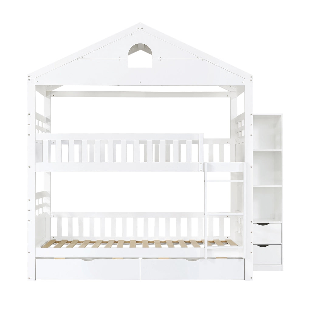 Letto a castello a casetta 90x200 cm bianco con scala; cassetti e scaffale