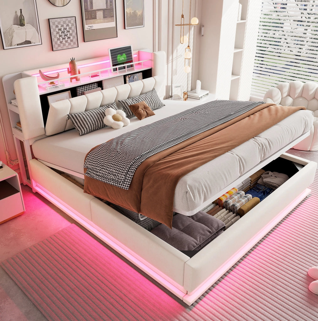 Letto imbottito matrimoniale 180x200 cm con LED; porte USB e contenitore idraulico; beige