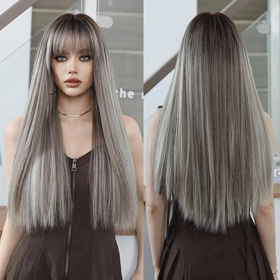 Parrucca sintetica donna, alta densità e capelli di pony, colore grigio scuro, 26 pollici
