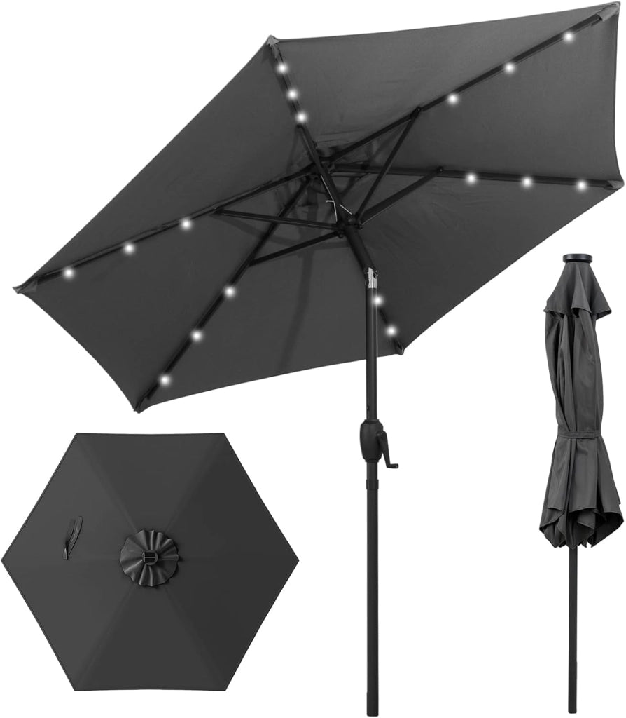 Ombrellone da Giardino con LED 230 cm, Ombrellone da Spiaggia Inclinabile e Portatile, con 6 Aste e Manovella in Metallo, Anti UV, da Esterno per Patio, Piscina, Mercato, Terrazzo
