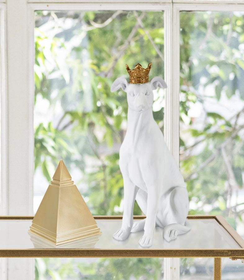 Statuetta decorativa cane seduto con corona dorata - REX