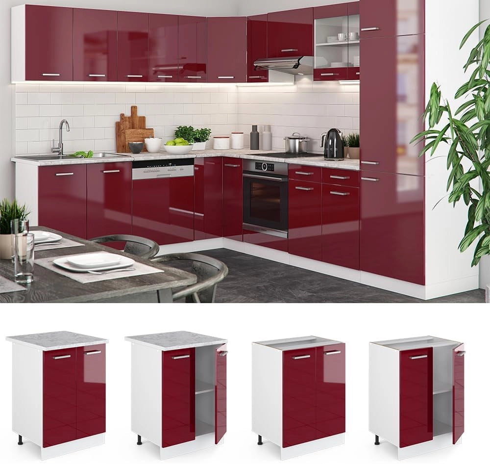 Mobiletto base cucina R-Line, Rosso lucido, 60 cm senza piano di lavoro, per la libera combinazione all'interno di sistemi cucina modulari