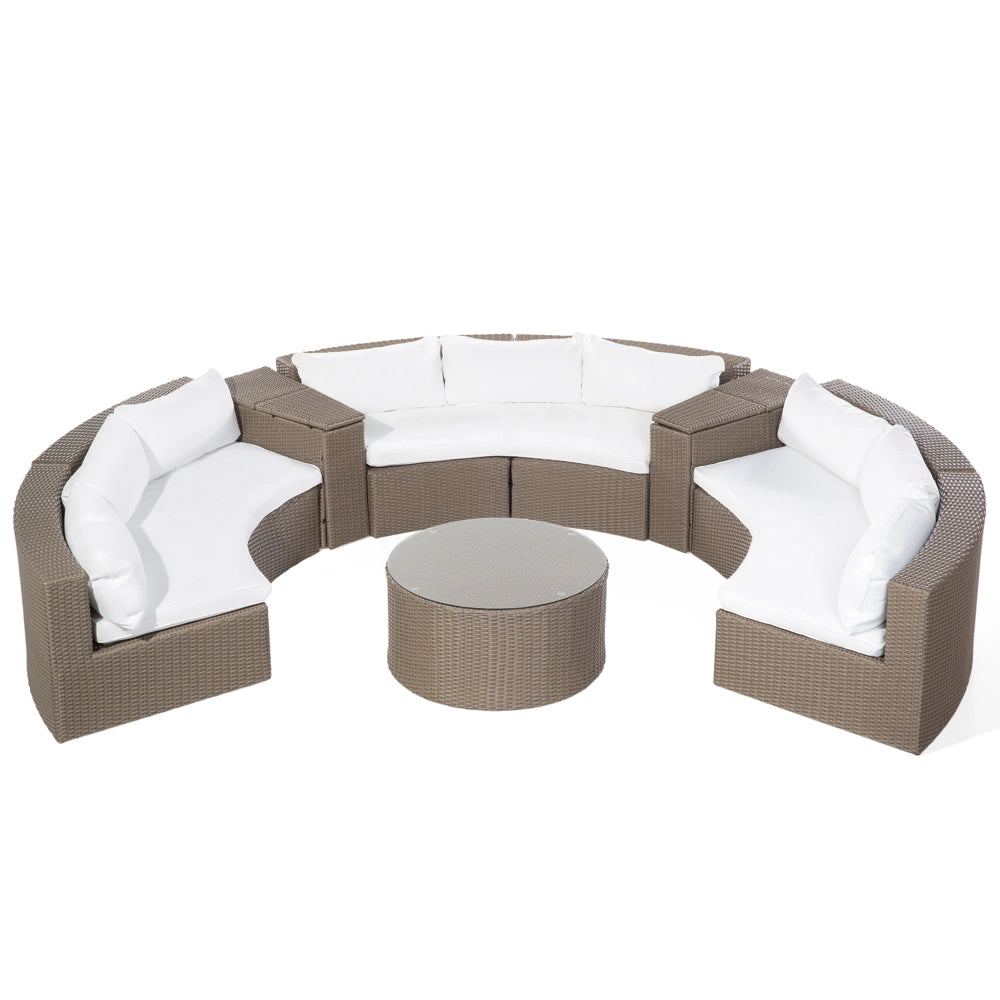 Set divano ad angolo da giardino marrone finto rattan a forma di U 9 posti cuscini bianchi curvi con tavolo set di conversazione