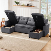 Divano letto U, trasformabile, in tessuto cotone e lino, con contenitori laterali, portabicchieri e 2 cuscini, grigio