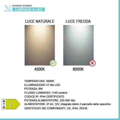 Specchiera da parete 100x70 con fascia LED e illuminazione interna