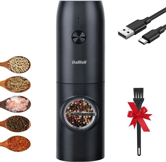 Molinello elettrico per sale e pepe con luce LED ricaricabile tramite USB - regolazione del grado di macinazione - da fine a grosso - setaccio (nero)
