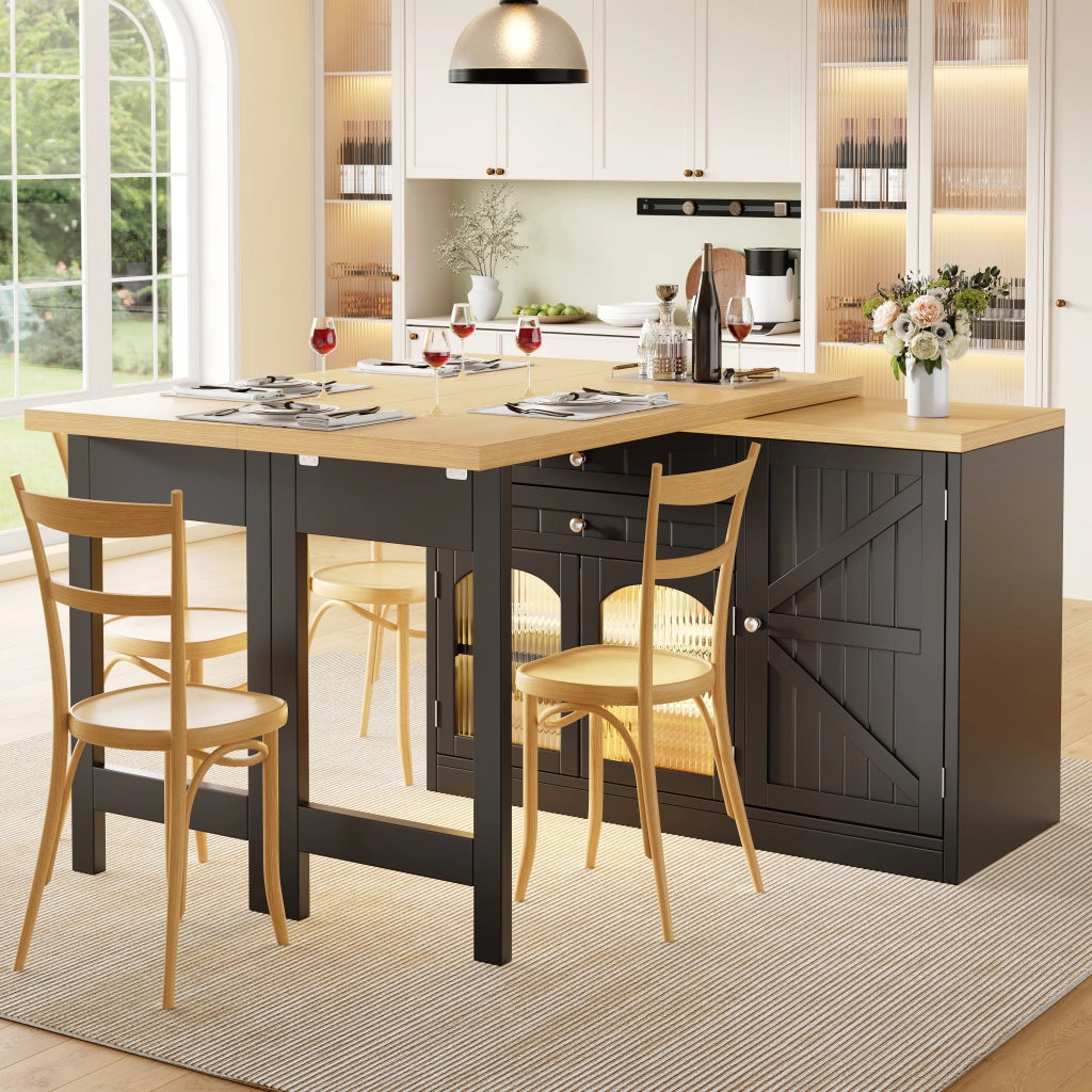Mobile cucina multifunzionale con piano girevole ed estensibile; 2 cassetti; ante in vetro e ripiani; per sala da pranzo; nero; 120 × 40 × 73.5 cm