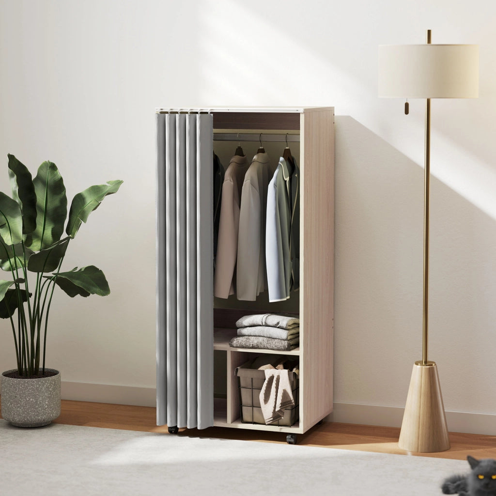 Armadio con tenda e appendiabiti ¨C Minimal ¨C effetto legno naturale 60x40x128