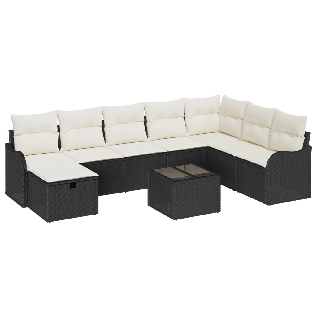 Set divano da giardino 9 pezzi con cuscini in polyrattan nero
